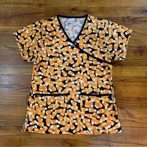 Tafford Scrub Top Candy Corn Halloween Themed SS V-neck Scrub Workwear Shirt
XS